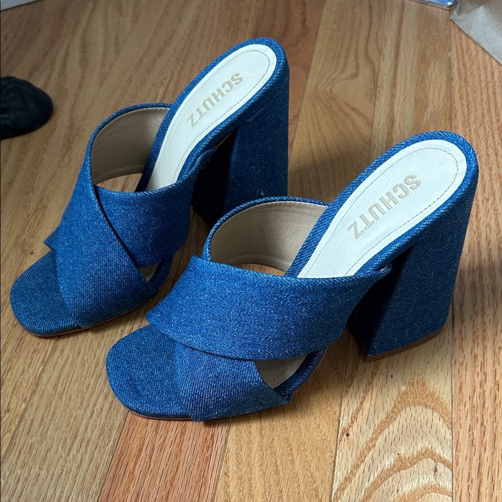 SCHUTZ Blue Denim Cross-Band Block Heel Mules